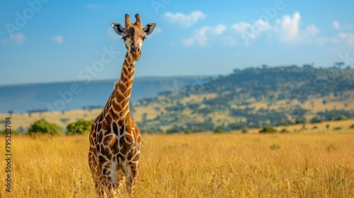 Giraffe face with gentle eyes and long eyelashes Against the backdrop of Masai Mara National Park in Kenya, Africa, a giraffe with its graceful neck and distinctive pattern of the African savannah.