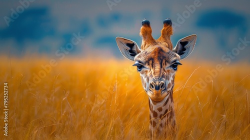 Giraffe face with gentle eyes and long eyelashes Against the backdrop of Masai Mara National Park in Kenya, Africa, a giraffe with its graceful neck and distinctive pattern of the African savannah.