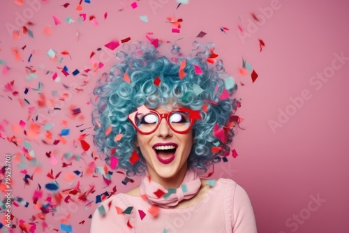 Vibrant portrait of a cheerful woman with blue curly hair  laughing amidst a burst of colorful confetti. Joyful Woman with Blue Hair and Confetti Explosion
