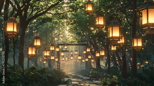  An ethereal scene merging the solemnity of Memorial Day with the enchantment of the Lantern Festival, with lanterns illuminating a quiet memorial site against a backdrop of serene solid white. 