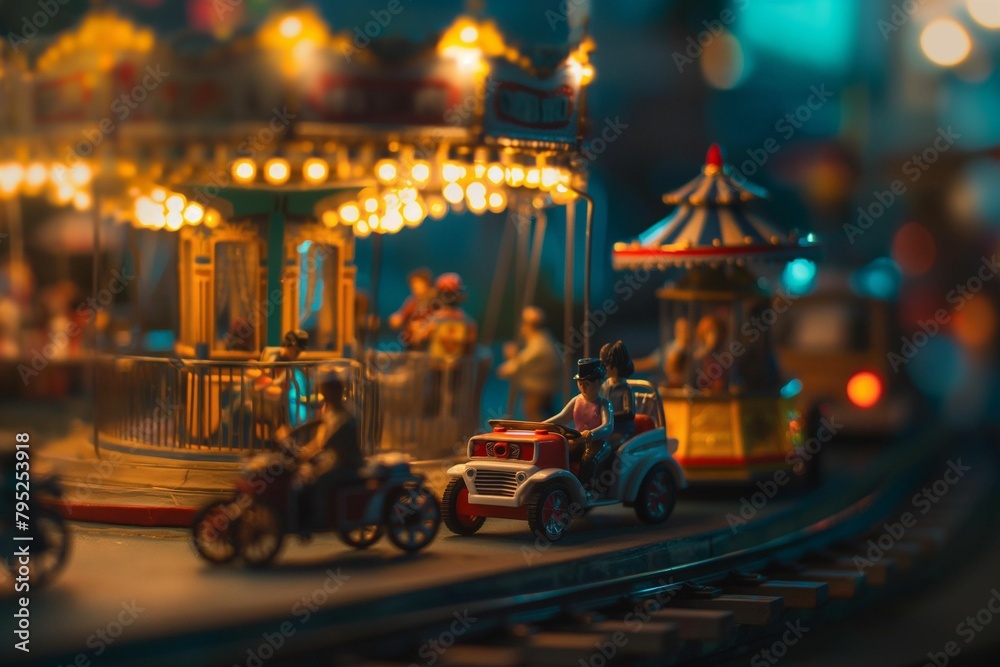 Miniature Carousel Ride at Twilight, Festive Atmosphere with Warm Lights