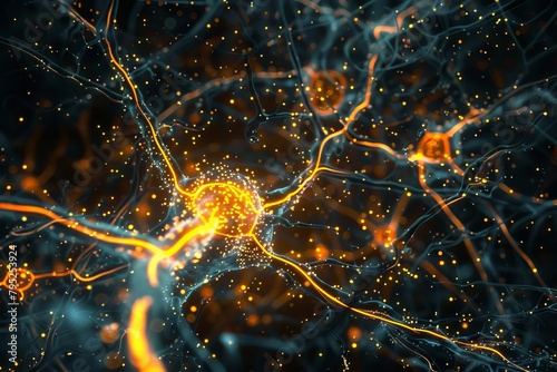 neural pathways with glowing nodes microscopic view