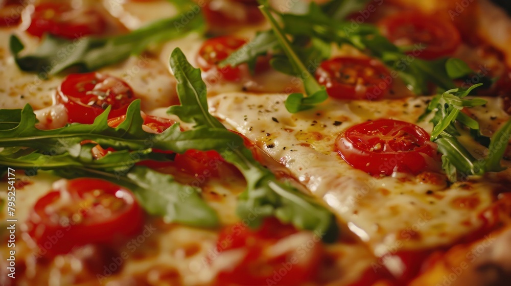 Cheese Pizza with Tomatoes and Greens closeup Cheese Pizza with Tomatoes and Greens closeup