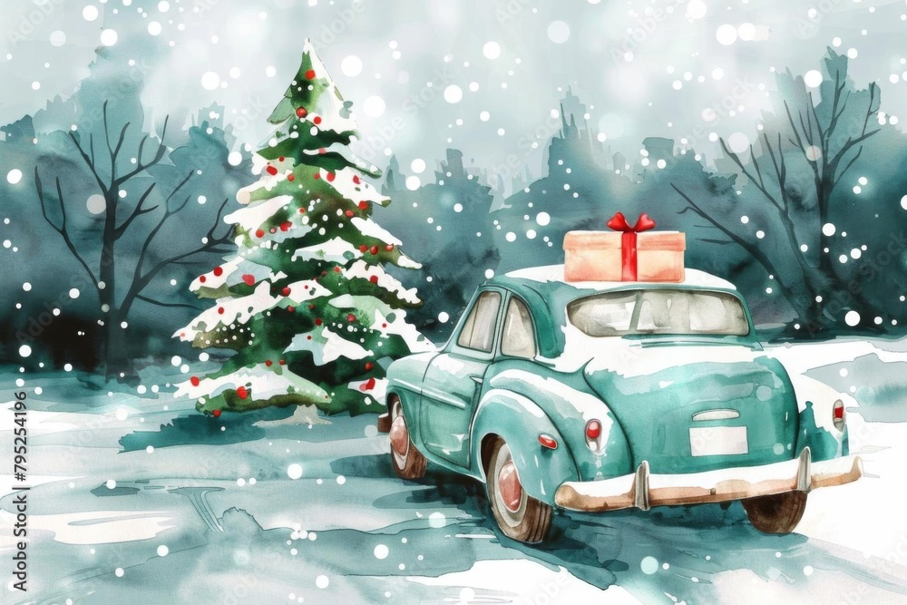 nostalgic christmas scene watercolor retro car with gift box and tree festive winter illustration