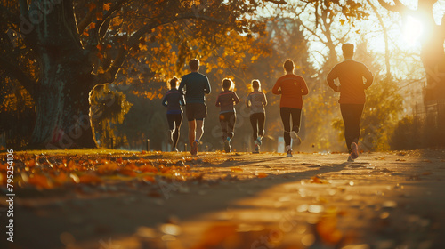 A group in their 40s jogging together in a park, showing teamwork and commitment to fitness. , natural light, soft shadows, with copy space