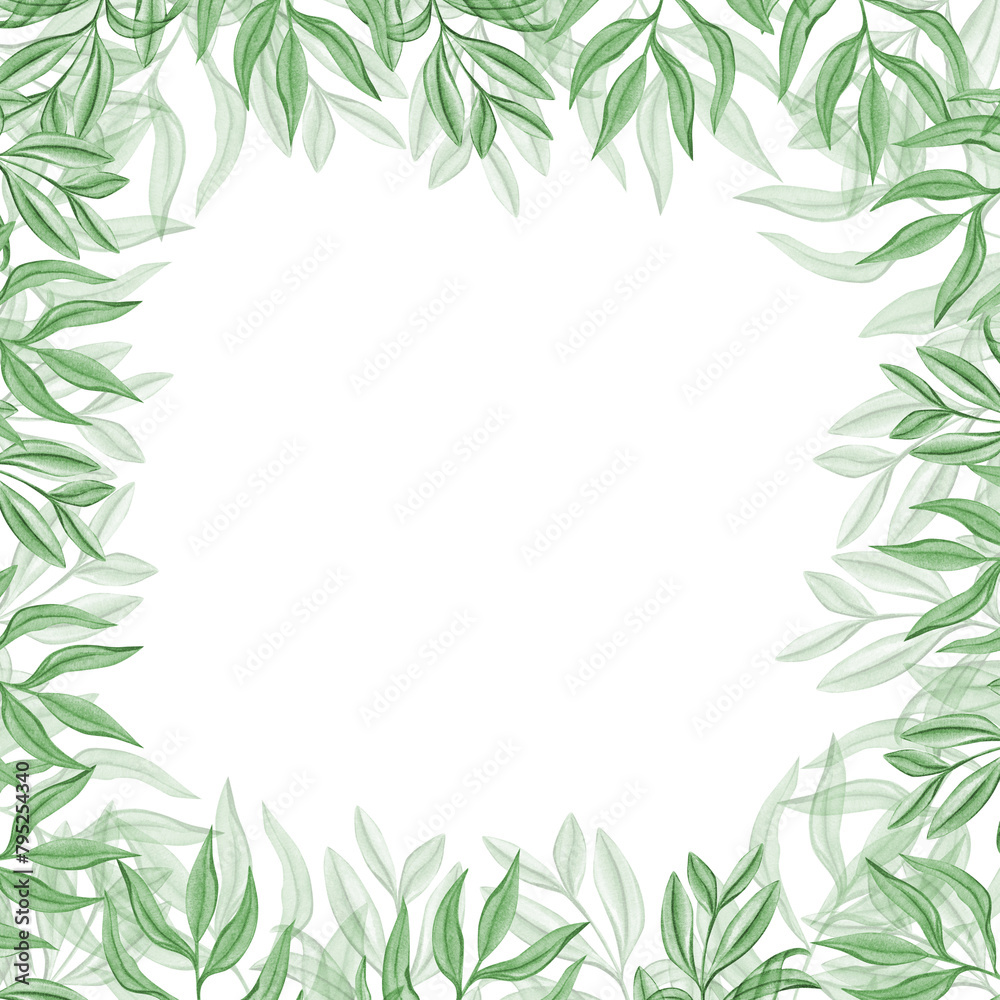 Abstract green leaves. Square frame with olive plants. Copy space for text. Oleander branches. Watercolor illustration. Floral tropical composition for wedding, birthday design Abstract green leaves. Square frame with olive plants. Copy space for text. Oleander branches. Watercolor illustration. Floral tropical composition for wedding, birthday design