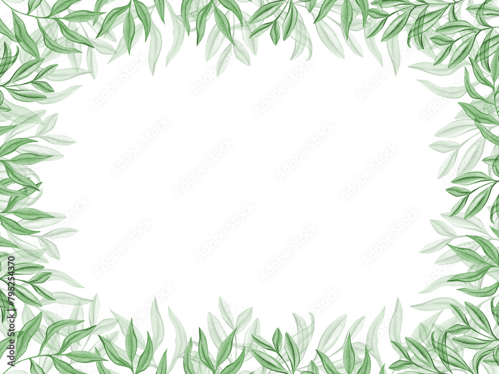 Green oleander leaves. Horizontal frame with olive leaf. Copy space for text. Abstract plants. Watercolor illustration. Floral tropical design for wedding, birthday cards Green oleander leaves. Horizontal frame with olive leaf. Copy space for text. Abstract plants. Watercolor illustration. Floral tropical design for wedding, birthday cards