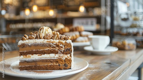 Coffee and Walnut Cake in Cafe Tea Shop Display, Gateau Slice, Delicious Sweet Treats, Tasty Food  photo