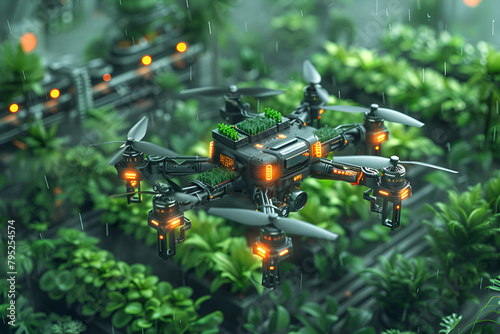 An Abstract Representation of Futuristic Agricul, 3D illustration of a flying military quadcopter with two passengers A futuristic military aircraft  © Image Haven