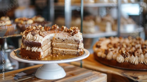 Coffee and Walnut Cake in Cafe Tea Shop Display, Gateau Slice, Delicious Sweet Treats, Tasty Food 