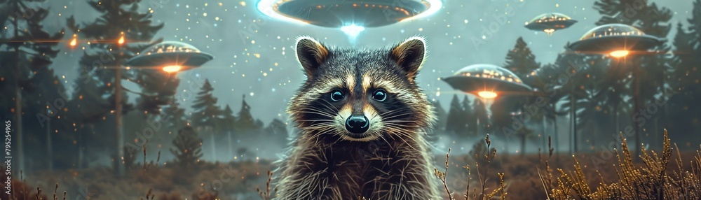 photo of raccoon selfie with UFO spaceships in the background, in the style of funny meme art, background is a forrest with stars in the skye