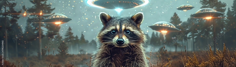 photo of raccoon selfie with UFO spaceships in the background, in the style of funny meme art, background is a forrest with stars in the skye photo of raccoon selfie with UFO spaceships in the background, in the style of funny meme art, background is a forrest with stars in the skye
