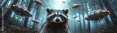 photo of raccoon selfie with UFO spaceships in the background, in the style of funny meme art, background is a forrest with stars in the skye