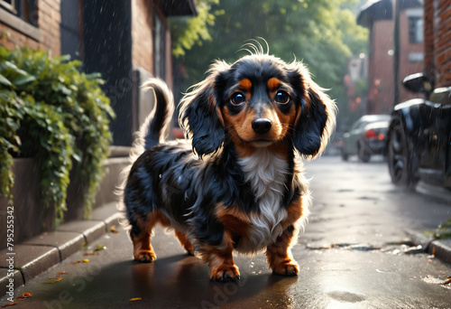 Little wet dog under rain. ...