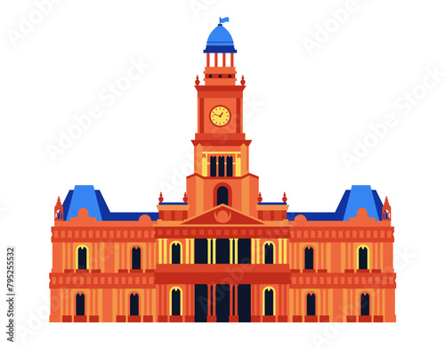 Sydney Town Hall - modern flat design style single isolated image. Neat detailed illustration of 19 century heritage building that looks like a palace with clock tower. Attractions and places to visit