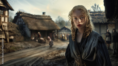 Medieval peasant girl portrait with a dark age hamlet in the back ground