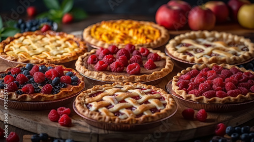 assorted fruit pies on wooden table with fresh ingredients around