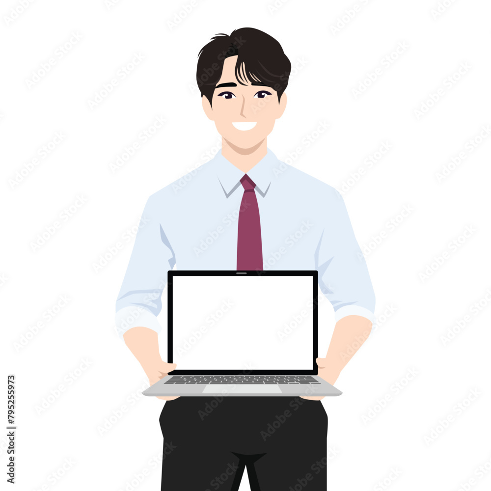 Young asian business man showing a blank laptop for copy space. Flat vector illustration isolated on white background Young asian business man showing a blank laptop for copy space. Flat vector illustration isolated on white background