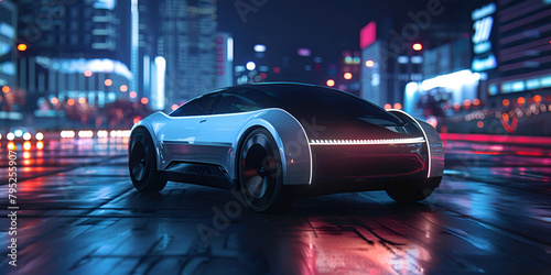 A futuristic car is seen charging on a city street showcasing advanced electric vehicle technology A futuristic electric vehicle charging through wireless charging pad  photo