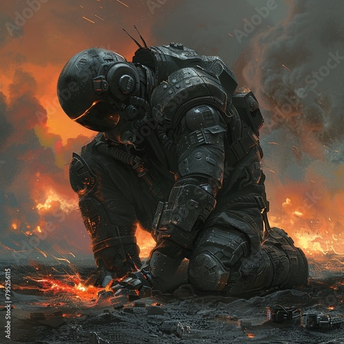 concept art of the fallen armored soldier, head down on his knees in pain after being hit by an explosion in the style of an explosion