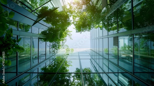 looking up at a building with trees in the windows