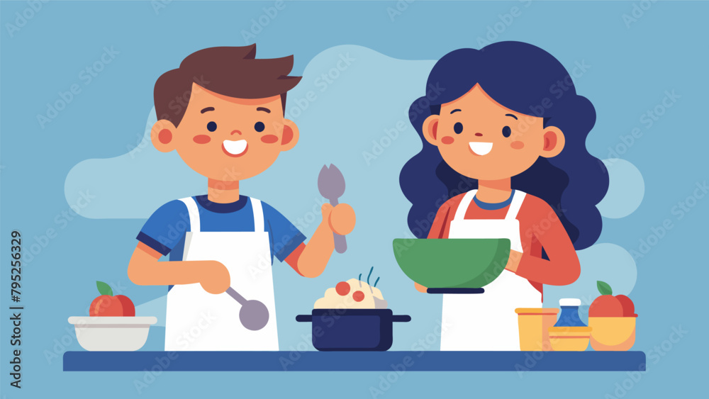 Siblings cooking a meal together as they share stories and catch up on each others lives on Sibling Appreciation Day. Siblings cooking a meal together as they share stories and catch up on each others lives on Sibling Appreciation Day.