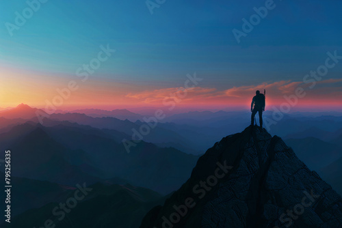 climber vision journey to success discovery standing on top of a high mountain new opportunity mountain peak leadership development achievement blue sky sunset