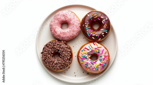 Doughnuts on a vintage restaurant plate isolated on white background top view. Chocolate brown and pink donut collection with multicolored sprinkles