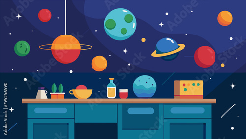 The kitchen counter has been cleared to make room for my childs science fair project a model of the solar system complete with moving planets