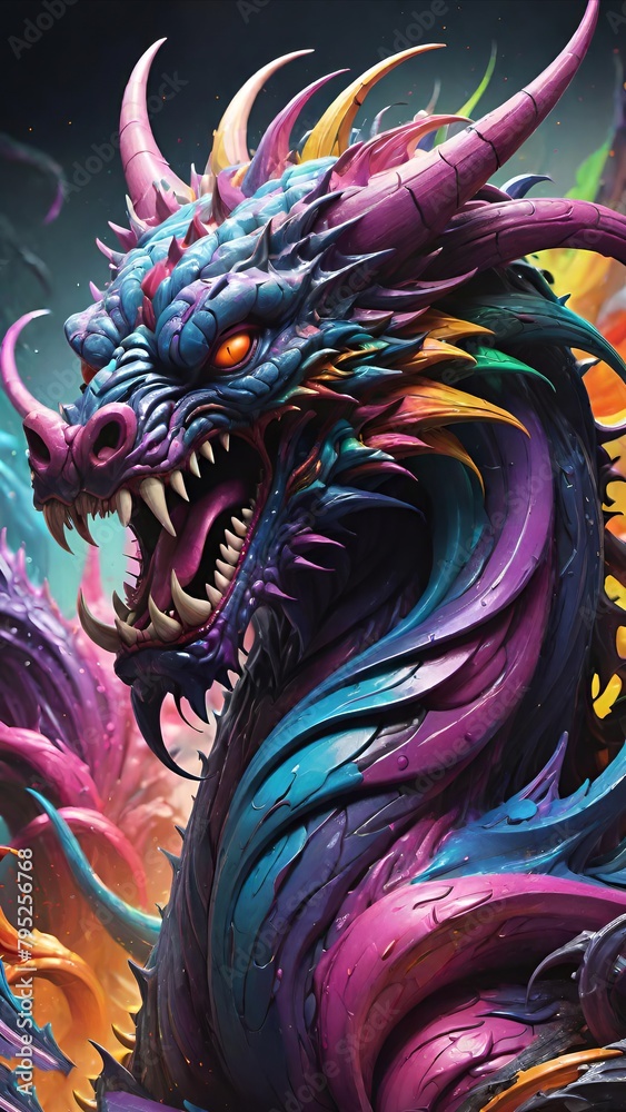 Vibrant Digital Illustration of a Fierce Dragon with Neon Accents in a Dark Fantasy Setting