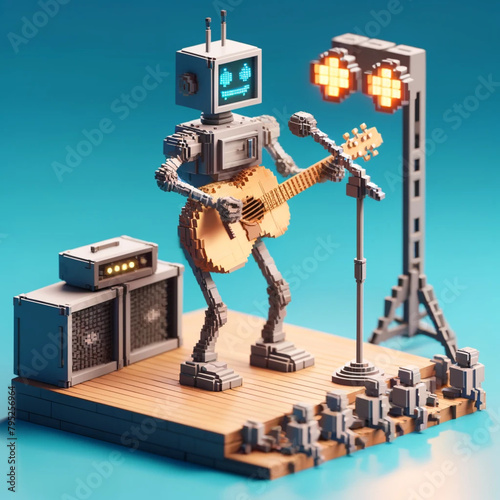 Voxel robot playing a guitar and singing 3D isometric model photo