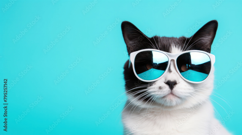 Closeup portrait of funny black white cat wearing sunglasses on blue background