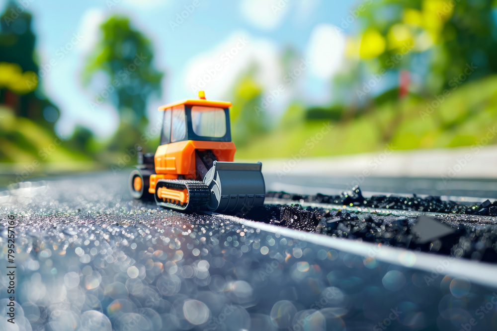 A small bulldozer clears debris from a newly paved road, a miniature model. A small bulldozer clears debris from a newly paved road, a miniature model.