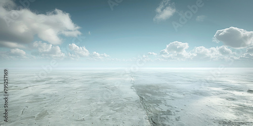 A large, empty, snow-covered field with a few clouds in the sky. The sky is blue and the clouds are scattered throughout