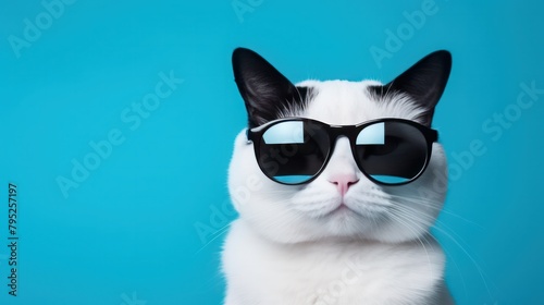 Closeup portrait of funny black white cat wearing sunglasses on blue background