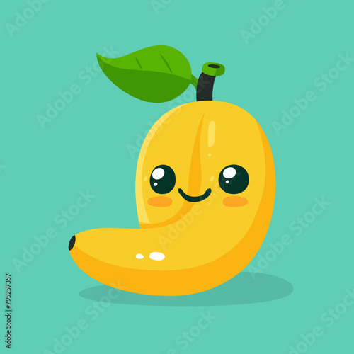 A cartoon banana with a leaf on top of it. The banana is smiling and has a happy expression