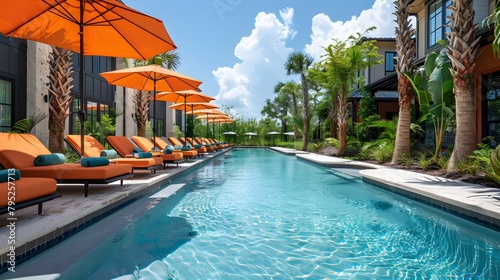 Relaxation By The Pool. Lounge Chairs, Colorful Umbrellas