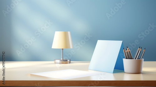 An empty sheet of paper on a wooden desk next to a lamp and a cup of pencils in front of a blue background wall with sunlight shining from the left.