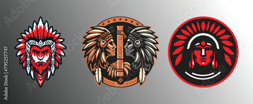  Native American mascot logo- red Indian vector mascot logo