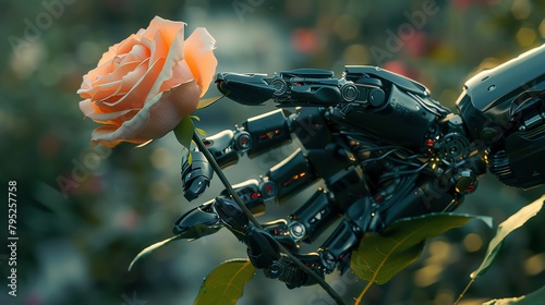 A robot hand is holding a rose. The robot is made of black metal and the rose is red. The background is a blur of green leaves. photo