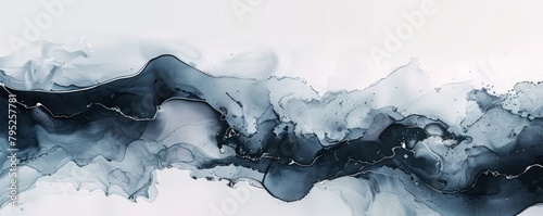 Abstract background, black texture of alcohol ink wash smears on a white canvas. photo