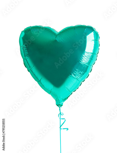Flying heart shaped toy balloon inflated with helium of bright metallic green colour with ribbon isolated on white background used as greeting gift for celebration of birthday or romantic wedding day