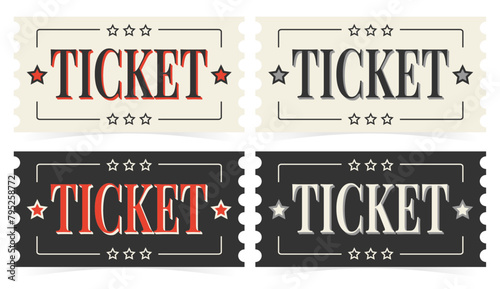 Set of retro admit one ticket templates in black, grey, white and red, vector.