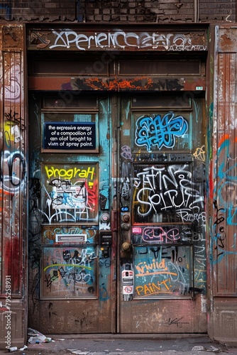 Vibrant graffiti art on weathered door captured through photography and colorful spray paint