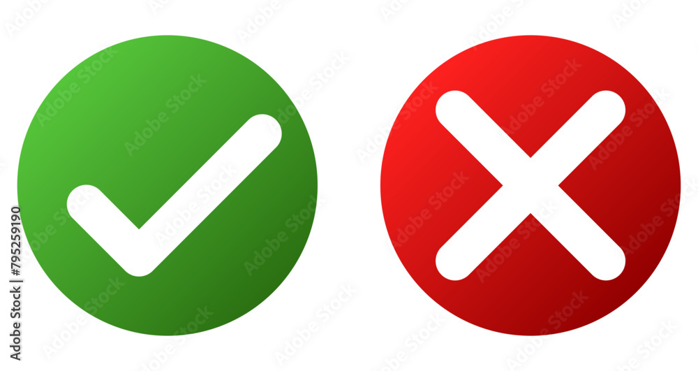 Check mark and cross icons set. Tick symbol. Vector illustration. Approved concept. Check mark and cross icons set. Tick symbol. Vector illustration. Approved concept.
