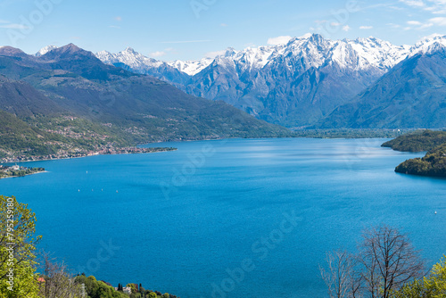 Landscape of Lake Como in the sunny spring day, seen from Pianello di Lario, Lombardy, Italy.
