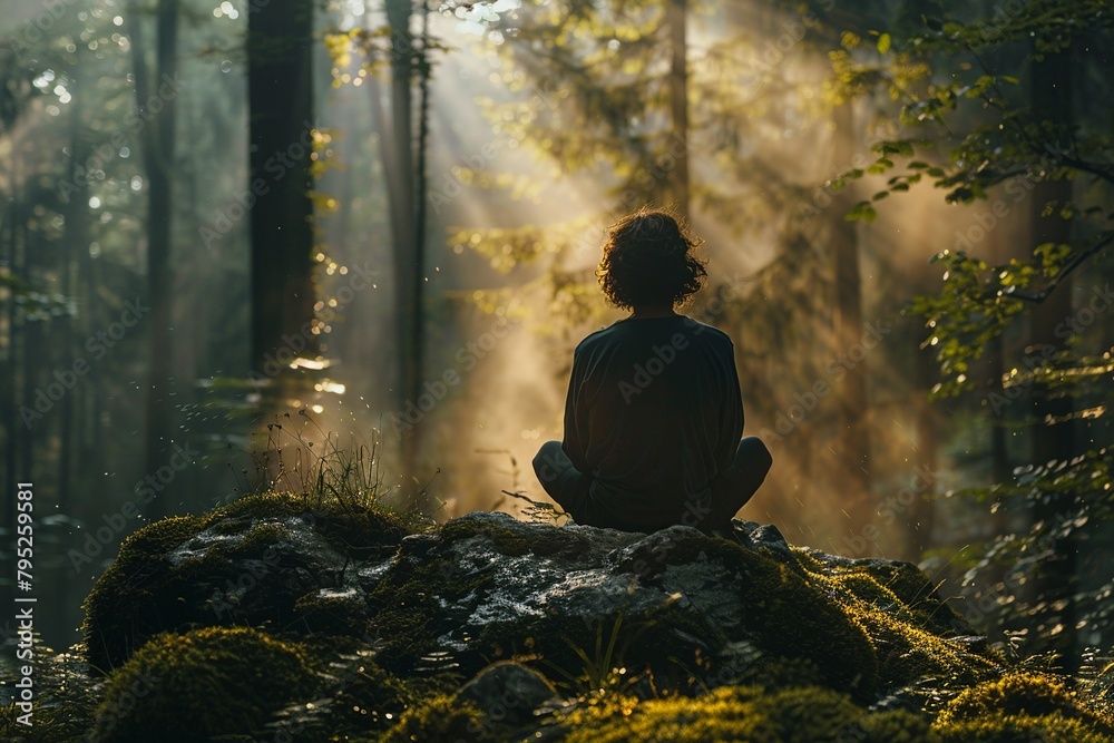 Experience the healing practice of forest bathing and tree hugging in a serene image capturing stress reduction and depression prevention. A person gently embraces a tree in a picturesque forest Experience the healing practice of forest bathing and tree hugging in a serene image capturing stress reduction and depression prevention. A person gently embraces a tree in a picturesque forest