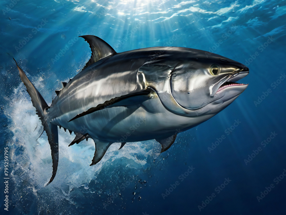 Fototapeta premium Bluefin tuna jumping from the sea surface