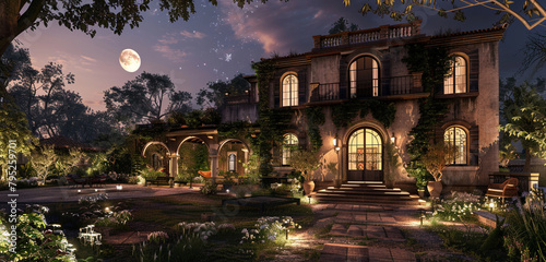 Moonlit serenity surrounds an architecturally stunning house and its spacious yard. photo
