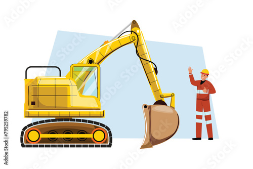 Man and an excavator. Heavy machinery and people. Construction concept